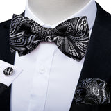 Classic Black Men Bow Ties 100% Silk Bowties Butterfly Pocket Square Cufflinks Set Suit Paisley Gold Pre-Tied Bow Tie DiBanGu