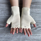 Gants tricotés à la main pour femmes, chauds, automne-hiver, brodés à fleurs, demi-doigts, sans doigts, pour filles