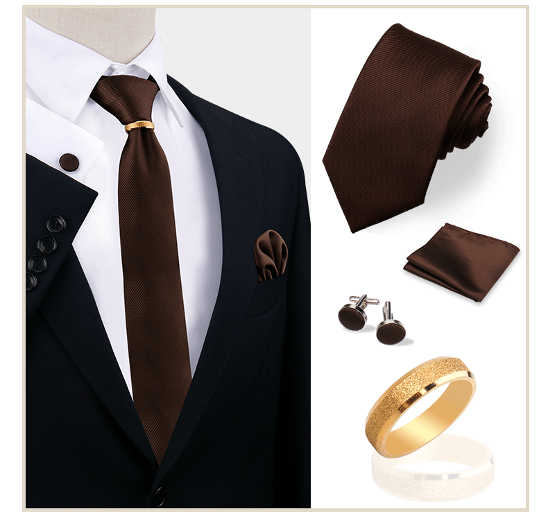 Ensemble de cravates en soie de luxe pour hommes, cravate, mouchoir, boutons de manchette avec anneau en métal doré, broche, costume, fête de mariage, accessoires pour hommes