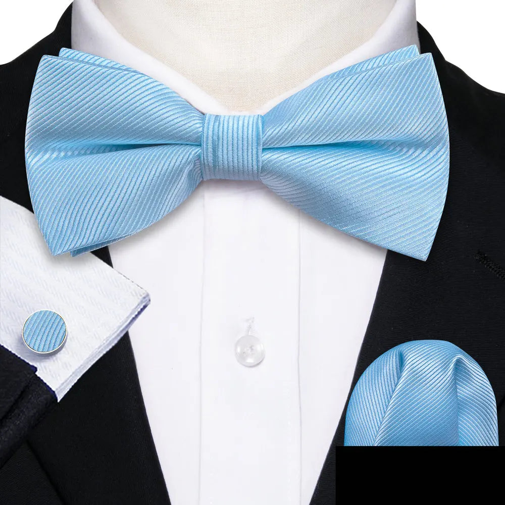 Barry.Wang Navy Royal Sky Blue Silk Mens Bow Tie Jacquard Paisley Floral Pre-Tied Bowtie Hanky Cufflinks Set Wedding Business