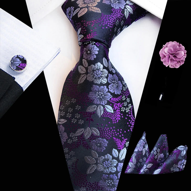 Ensemble de cravates en soie rose floral pour hommes, ensemble de cravates de fête de mariage, mouchoir, broche, boutons de manchette, accessoires pour hommes de haute qualité Gravata