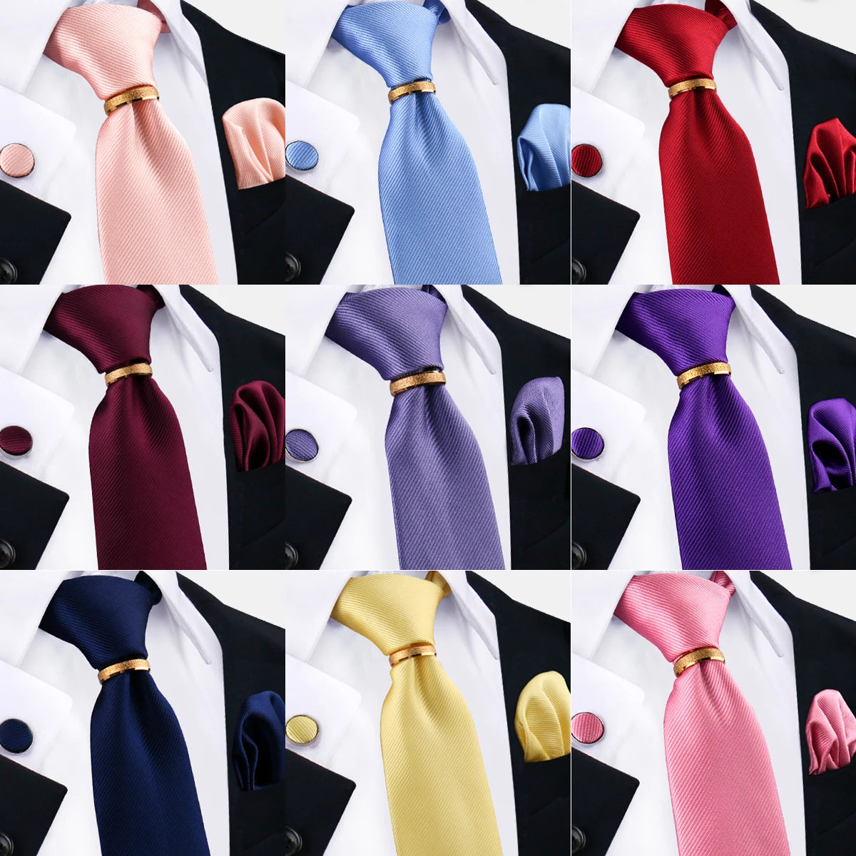 Ensemble de cravates en soie de luxe pour hommes, cravate, mouchoir, boutons de manchette avec anneau en métal doré, broche, costume, fête de mariage, accessoires pour hommes