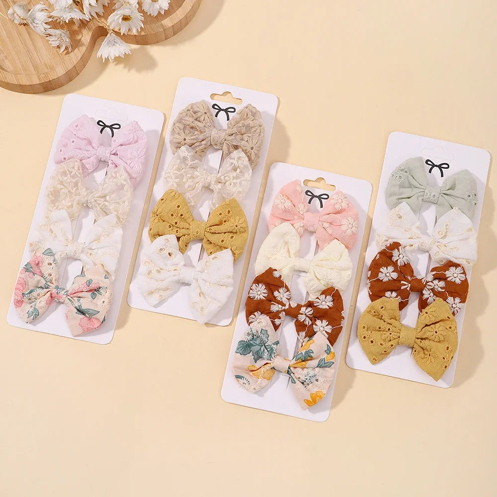 4Pcs/Set Lovely Cotton Bowknot Clips Safe Hairpins Girl Fresh Pastoral Hairclips Baby Hair Accessories Kids Print Hairgripe Gift