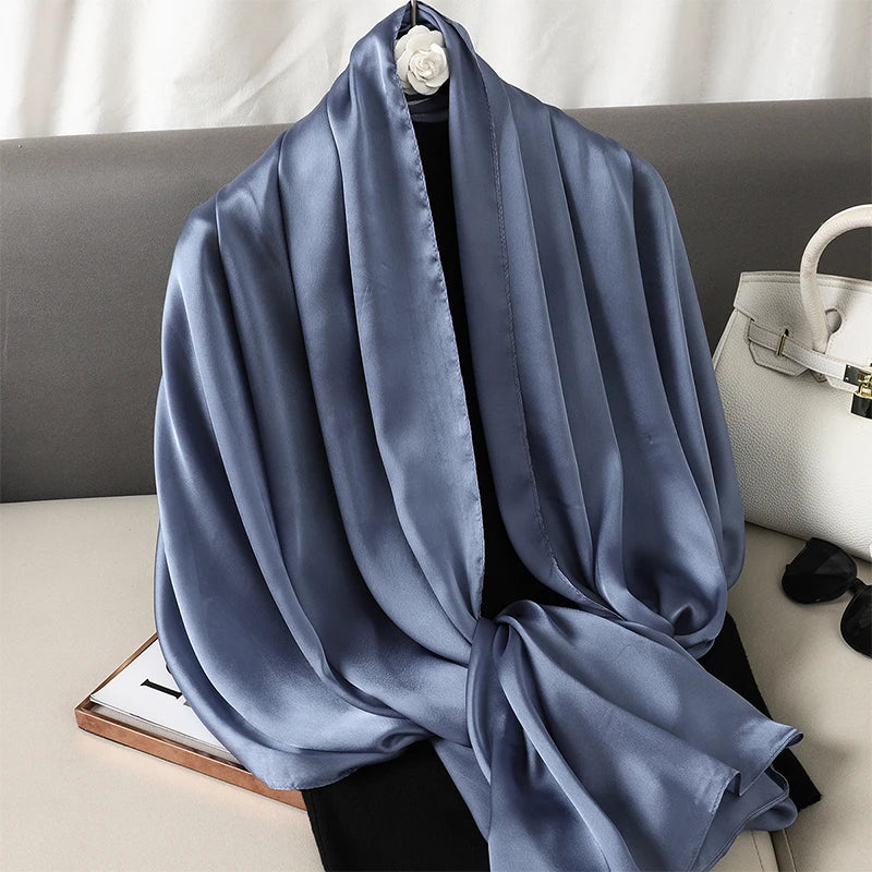 Foulard en satin de soie doux et soyeux pour femme, couleur unie, mode discrète, protection solaire d'été, foulard musulman polyvalent pour femme