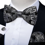 Classic Black Men Bow Ties 100% Silk Bowties Butterfly Pocket Square Cufflinks Set Suit Paisley Gold Pre-Tied Bow Tie DiBanGu