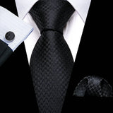 Cravates en soie noire pour hommes, classiques, solides, tissées de haute qualité, avec pochette et boutons de manchette, pour soirées formelles, design Barry.Wang