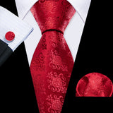 Barry.Wang Ensemble cravate et boutons de manchette en soie pour homme, motif jacquard, rouge, bordeaux, rose, pour mariage, affaires, fête