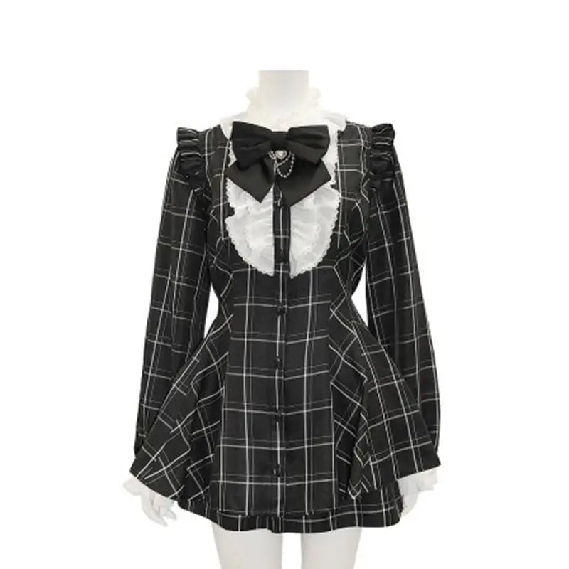 Robe style gothique japonais Y2K Lolita à carreaux avec nœud en strass et short, ensemble doux pour femmes, chemise à manches courtes bouffantes et boutons, robes de soirée