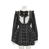 Robe style gothique japonais Y2K Lolita à carreaux avec nœud en strass et short, ensemble doux pour femmes, chemise à manches courtes bouffantes et boutons, robes de soirée