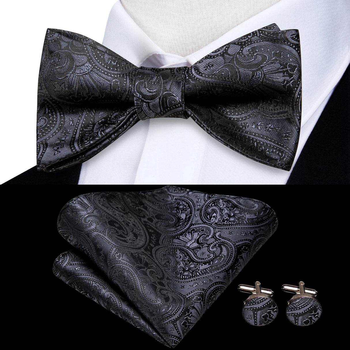Hi-Tie Ensemble nœud papillon en soie pour homme, mouchoir et boutons de manchette, bleu, rouge, or, noir, blanc, jacquard, nœud papillon, mariage, affaires