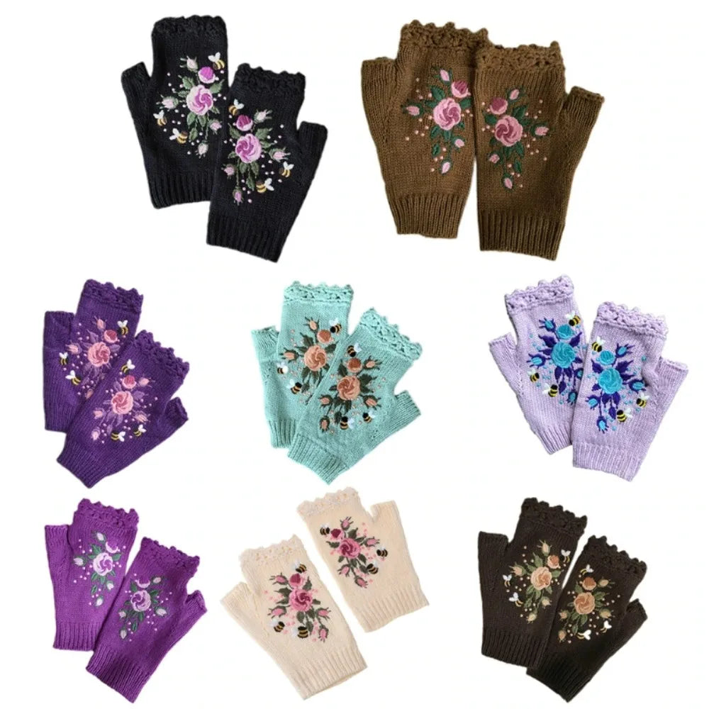 Gants tricotés sans doigts avec broderie florale et abeille, confortables, maintien au chaud, trous pour les pouces, mitaines à fleurs, mitaines à longueur de poignet, hiver