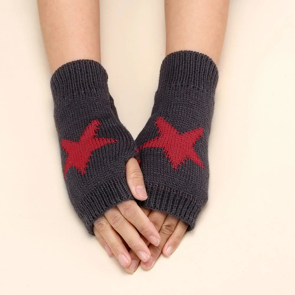 Winter Knitted Woolen Gloves Y2K Women's Half Finger Gloves Knitting Fingerless Arm Gloves Five Pointed Star Writing Guantes