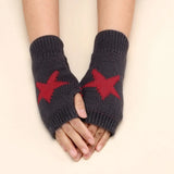 Winter Knitted Woolen Gloves Y2K Women's Half Finger Gloves Knitting Fingerless Arm Gloves Five Pointed Star Writing Guantes