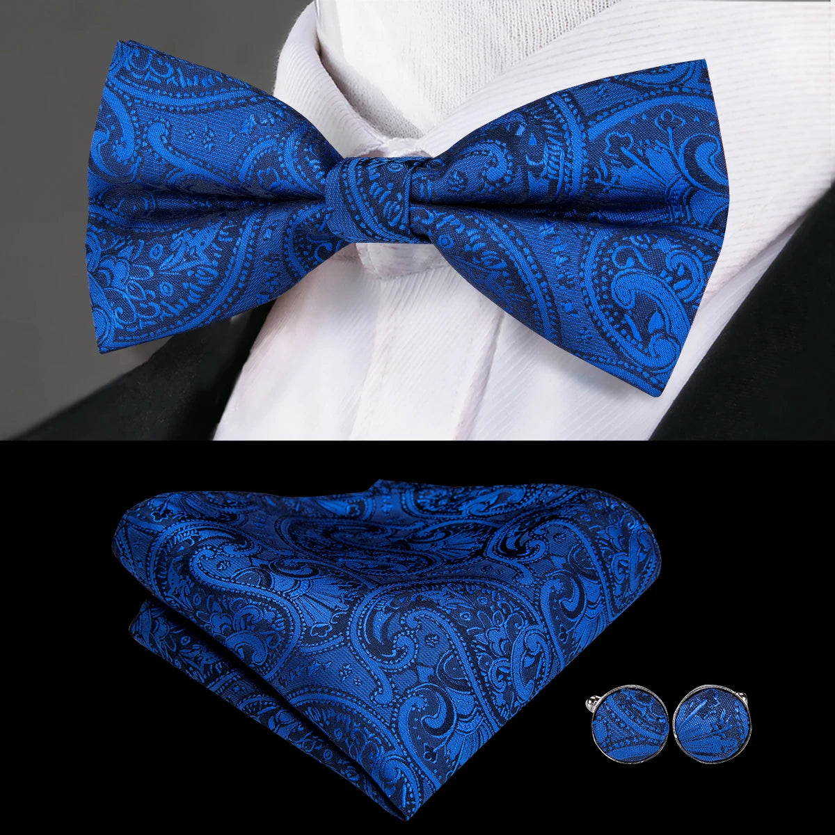 Hi-Tie Marque Soie Pré-noué Homme Nœud Papillon Mouchoir Boutons de Manchette Ensemble Nœud Papillon pour Homme Jacquard Solide Cachemire Floral Mariage Cadeau d'Affaires