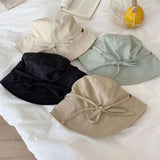 Women Fisherman Hat Windproof Fixed Strap Wide Brim Lady Bucket Hat Solid Color Sunshade Anti-UV Flat Top Foldable Summer Cap