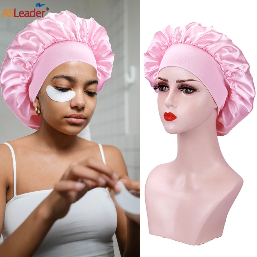 Bonnet de nuit en soie pour femme, noir, rose, violet, avec boucles naturelles bouclées, élastique large et souple, réglable
