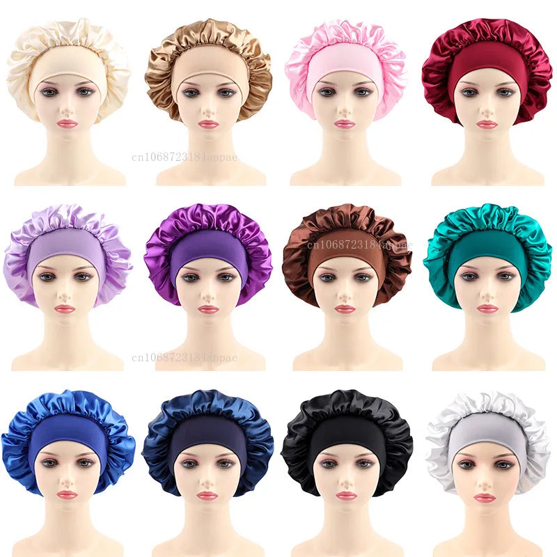 Women's Satin Solid Elastic Wide-brimmed Sleeping Hat Unisex Head Wrap Elastic Band Cap Hair Care Bonnet Night Hat bonnet