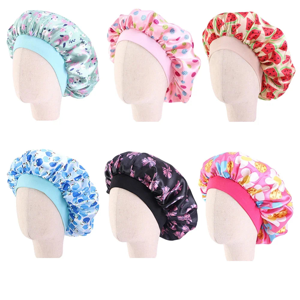 Bonnet de nuit pour enfants et filles, imprimé floral, bonnet de nuit en satin, turban, bonnet de nuit pour enfants, bonnet de soins capillaires, bonnet de nuit