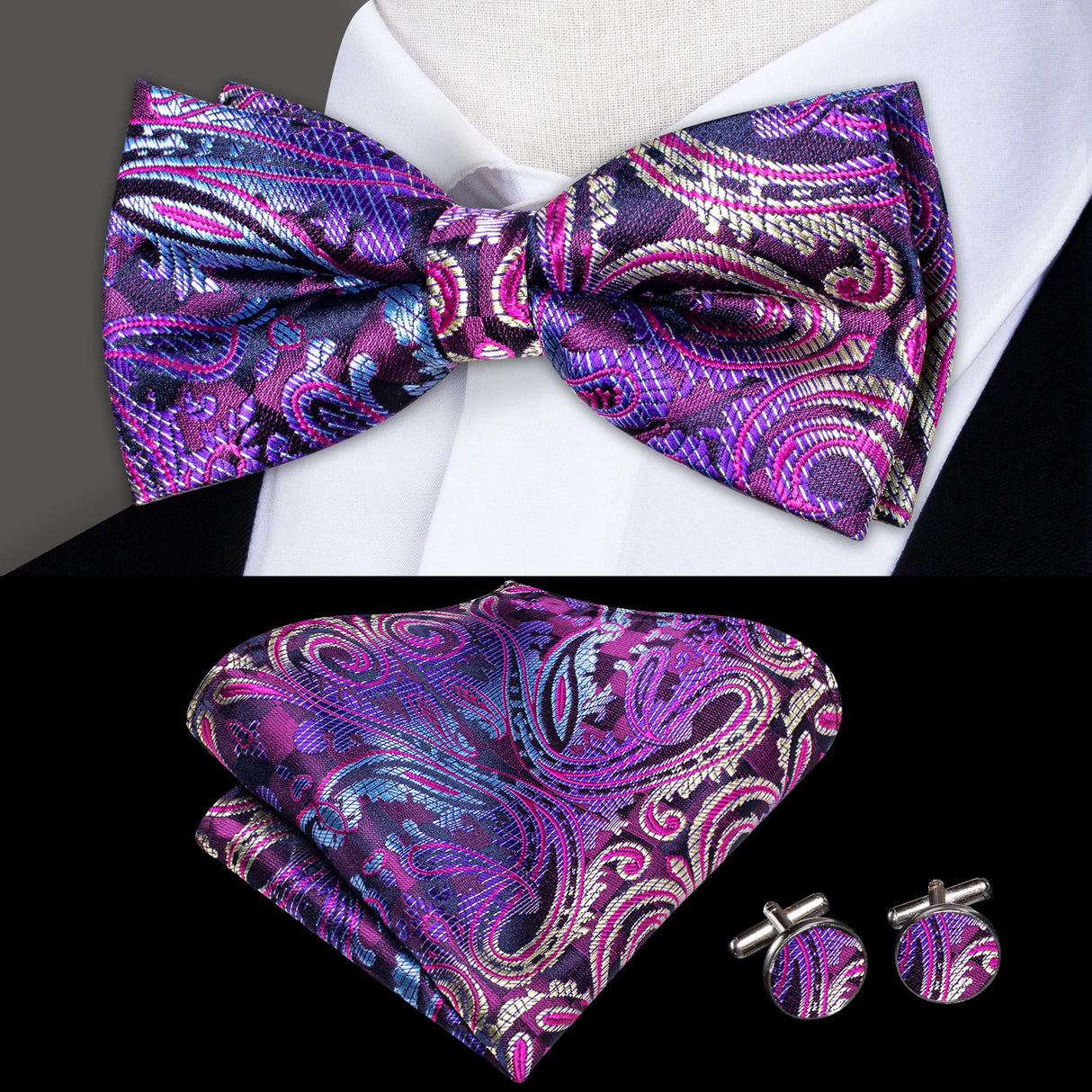 Hi-Tie Marque Soie Pré-noué Homme Nœud Papillon Mouchoir Boutons de Manchette Ensemble Nœud Papillon pour Homme Jacquard Solide Cachemire Floral Mariage Cadeau d'Affaires