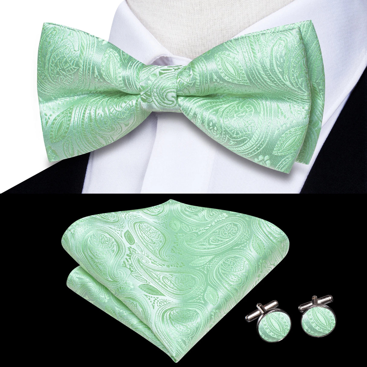 Hi-Tie Jacquard Silk Nœud papillon pour homme, ensemble de boutons de manchette et mouchoir, nœud papillon pré-noué, noir, blanc, gris, bleu, rouge, vert, rose, violet