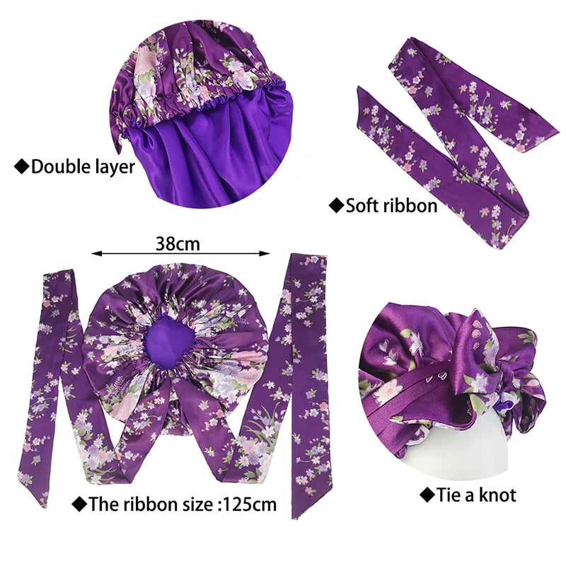 Bonnet en satin doux et soyeux pour femme, grand bonnet de nuit avec long ruban de satin, bandeau large et réglable