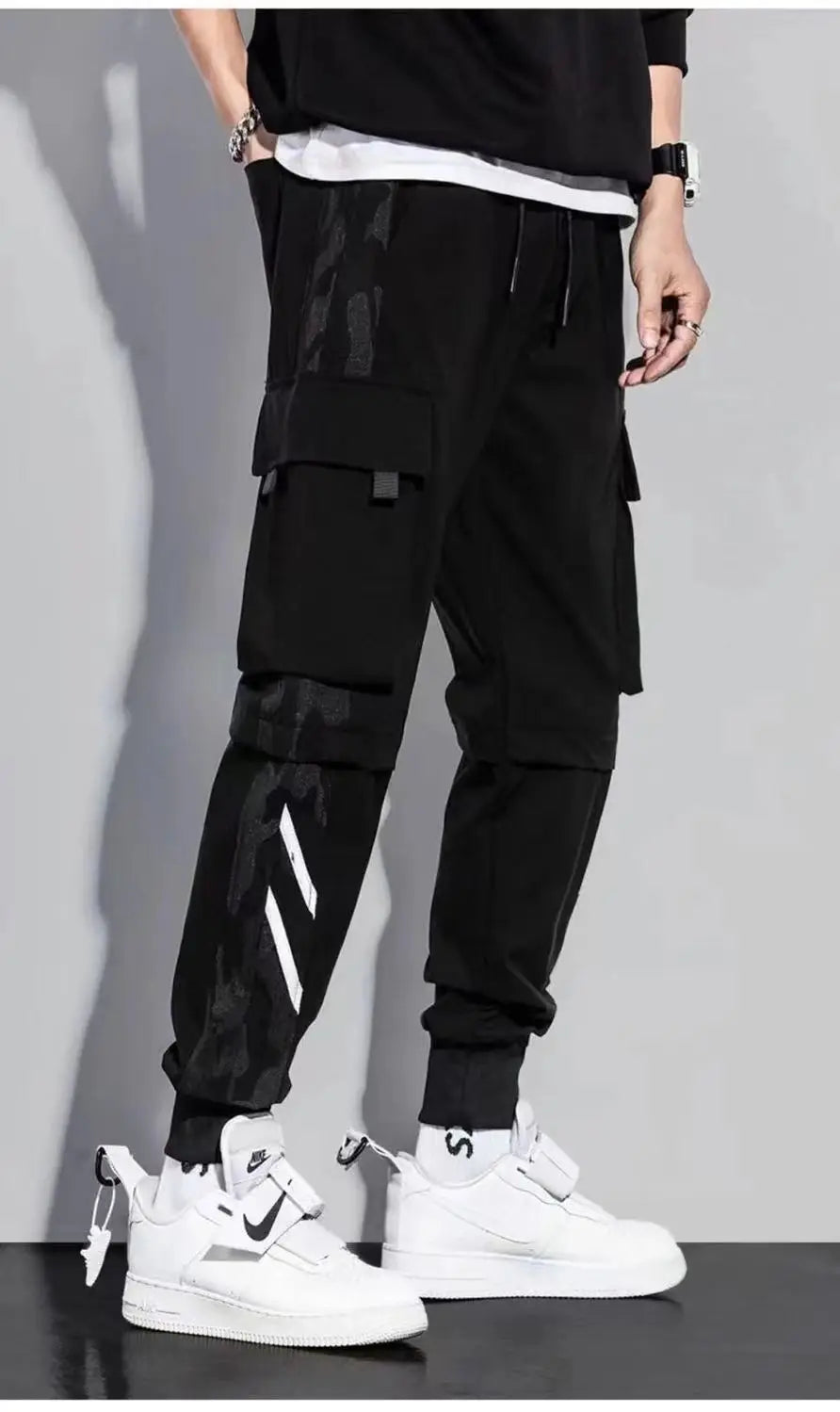 Pantalon cargo classique décontracté pour homme, style streetwear, avec rubans, style jogging, coupe slim, multi-poches, pour femme, J5