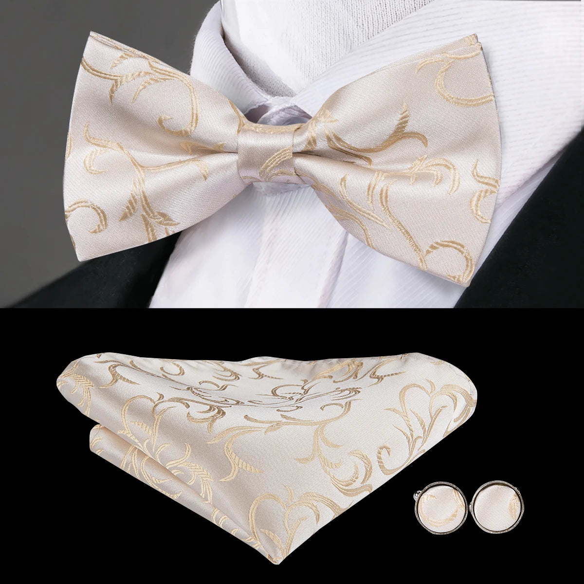Hi-Tie Marque Soie Pré-noué Homme Nœud Papillon Mouchoir Boutons de Manchette Ensemble Nœud Papillon pour Homme Jacquard Solide Cachemire Floral Mariage Cadeau d'Affaires