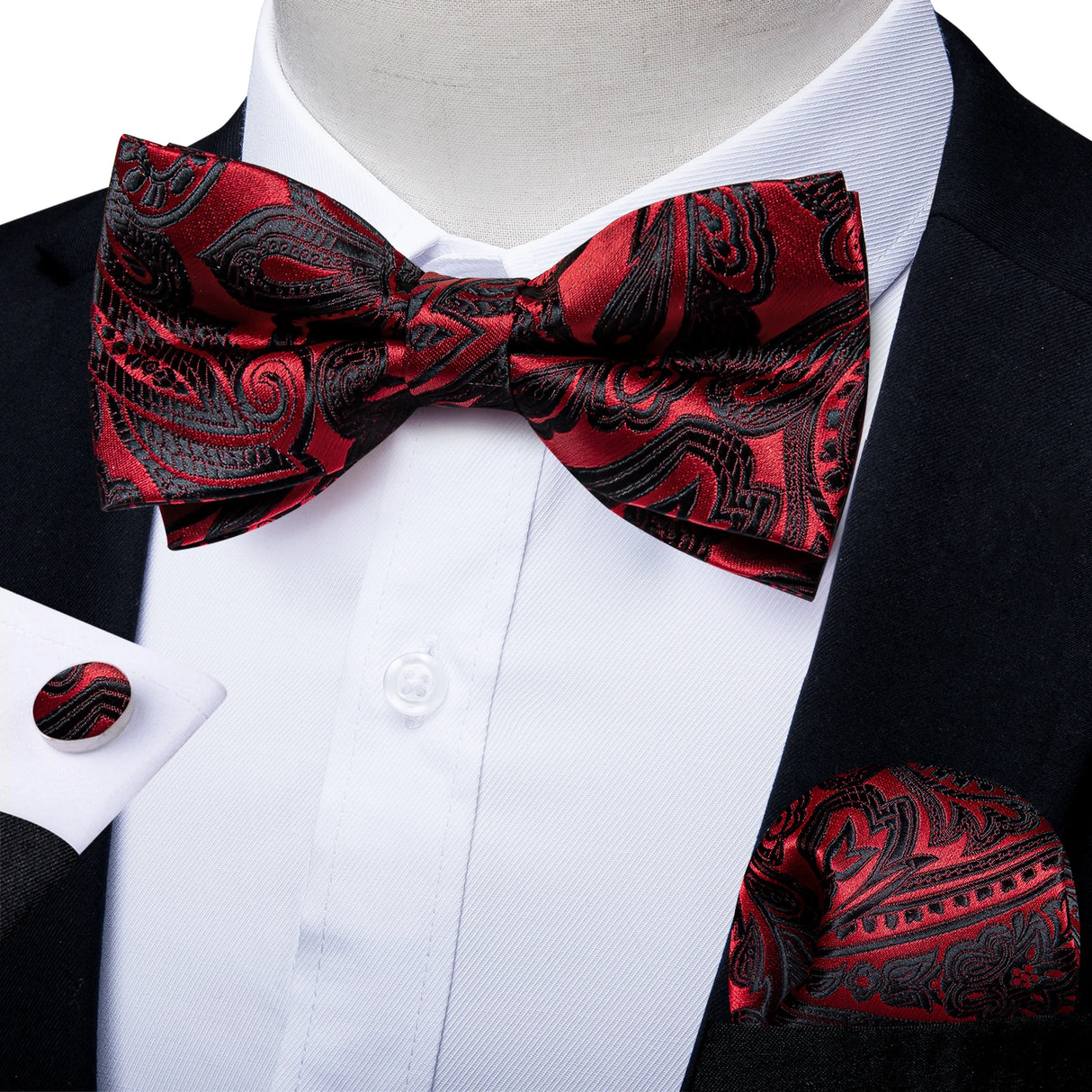 Classic Black Men Bow Ties 100% Silk Bowties Butterfly Pocket Square Cufflinks Set Suit Paisley Gold Pre-Tied Bow Tie DiBanGu