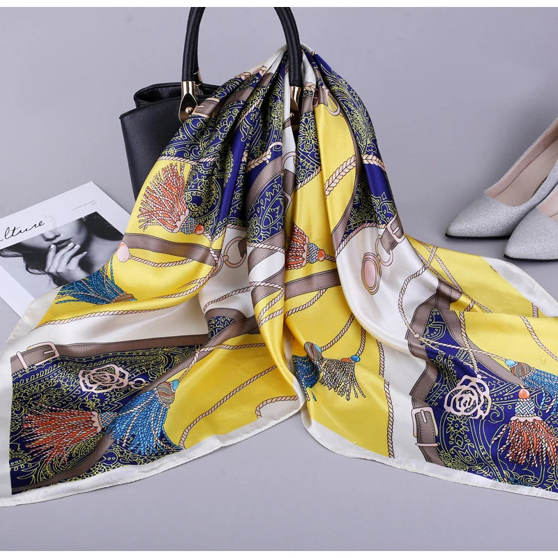 Fashion Kerchief Silk Satin Neck Scarf For Women Print Hijab Scarfs Female 90*90cm Square Shawls and Wraps Scarves For Lady 2022