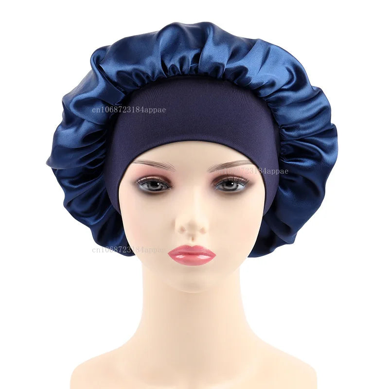Women's Satin Solid Elastic Wide-brimmed Sleeping Hat Unisex Head Wrap Elastic Band Cap Hair Care Bonnet Night Hat bonnet