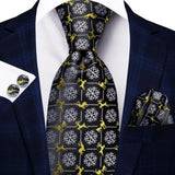 Cravate élégante pour homme, motif cachemire, rayures noires et dorées, en soie, pour mariage, mouchoir, boutons de manchette, pour entreprise, fête, livraison directe