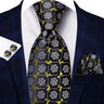 Cravate élégante pour homme, motif cachemire, rayures noires et dorées, en soie, pour mariage, mouchoir, boutons de manchette, pour entreprise, fête, livraison directe