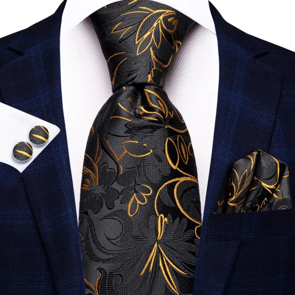 Cravate élégante pour homme, motif cachemire, rayures noires et dorées, en soie, pour mariage, mouchoir, boutons de manchette, pour entreprise, fête, livraison directe