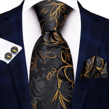 Cravate élégante pour homme, motif cachemire, rayures noires et dorées, en soie, pour mariage, mouchoir, boutons de manchette, pour entreprise, fête, livraison directe
