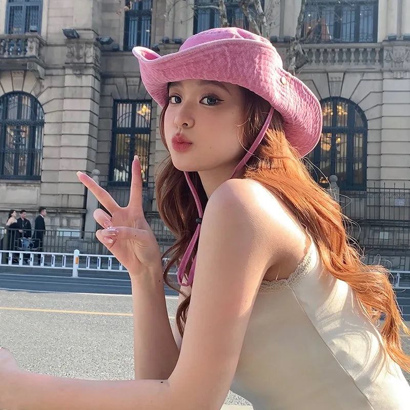Retro Y2K Spice Girls Style Fisherman Hat Summer Cowboy Sun Cap Travel Photo Bob Panama Women Outdoor Hiking Sunshade Bucket Hat