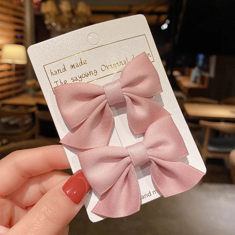 1Pair Cute Girls Hairgrips Hairpins Hair Clips Solid Color Ribbon Bow-knot Handmade Bows Barrettes Hair Accessories