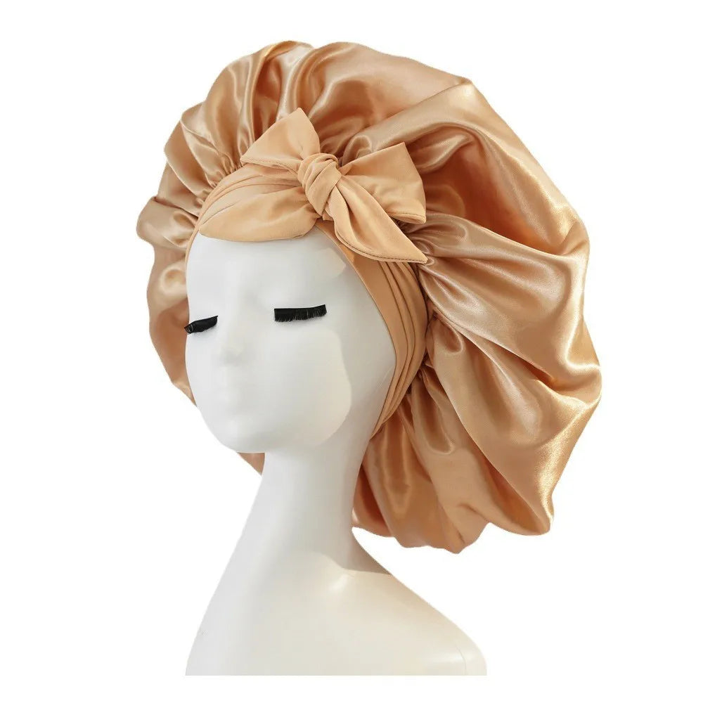 Bonnet de nuit en satin pour femme, large bande solide, extensible, avec nœud, bonnet soyeux, bonnet de nuit, soins capillaires, couvre-tête de douche
