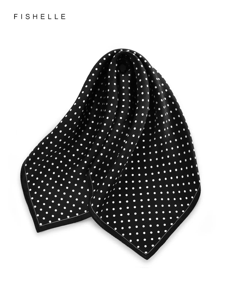 Foulard rétro en soie naturelle noire pour femme avec pois blancs, 100 % soie véritable, petit carré de 50 cm, cadeau tendance pour dames et filles