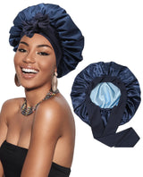 New Satin Double Layer Bonnet Solid Wide Tie Band Stretch Head Silky Bonnet Edge Wrap Nightcap Hair Care Shower Bonnet for Women