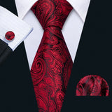 Barry.Wang Ensemble cravate et boutons de manchette en soie pour homme, motif jacquard, rouge, bordeaux, rose, pour mariage, affaires, fête