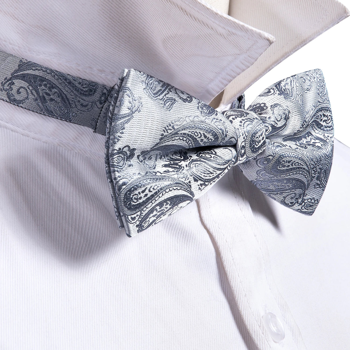 Barry.Wang Silk Mens Bow Tie White Green Pink Purple Jacquard Paisley Floral Pre-Tied Bowtie Hanky Cuffs Set Wedding Business