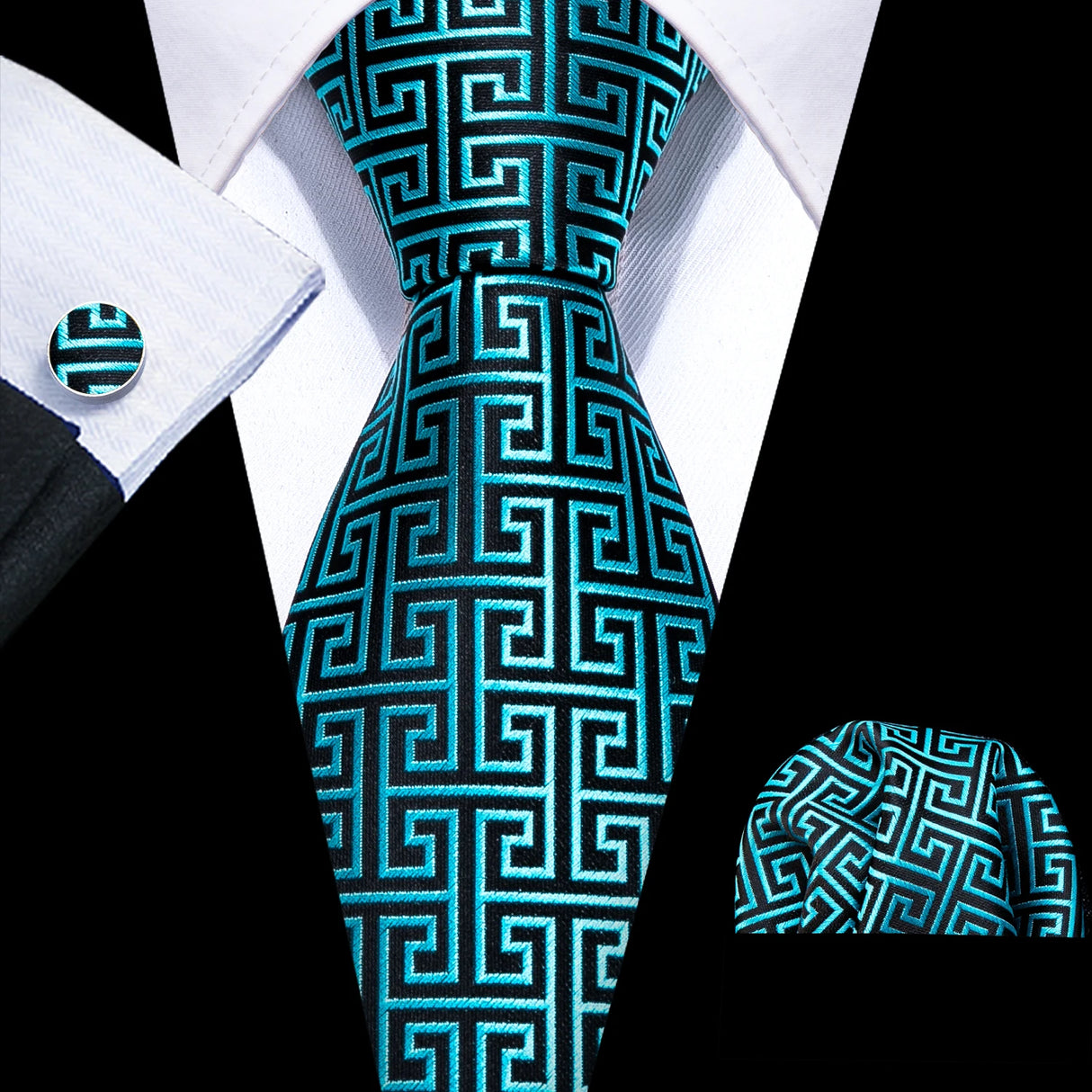 Cravate fantaisie en soie bleu sarcelle pour homme, marque de luxe solide, pochette, boutons de manchette, ensemble de cravates de haute qualité pour fête de mariage Barry.Wang