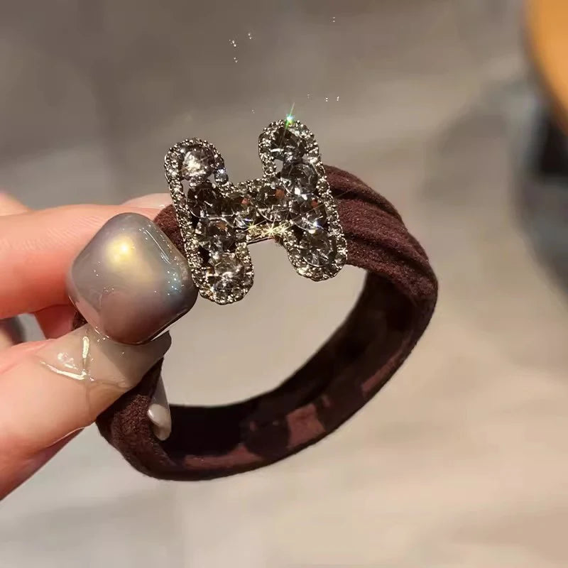 Exquisite Rhinestone Letter H Hair Rope Non-slip Ponytail Hair Rubber Band High Elastics Hair Ties for Women Girl Accessories