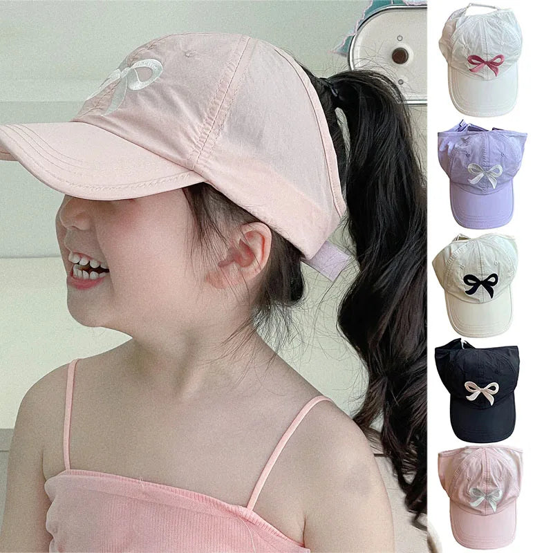 Casquettes de baseball d'été pour enfants, casquettes à queue de cheval hautes et creuses pour filles, chapeau de soleil à visière réglable, protection UV