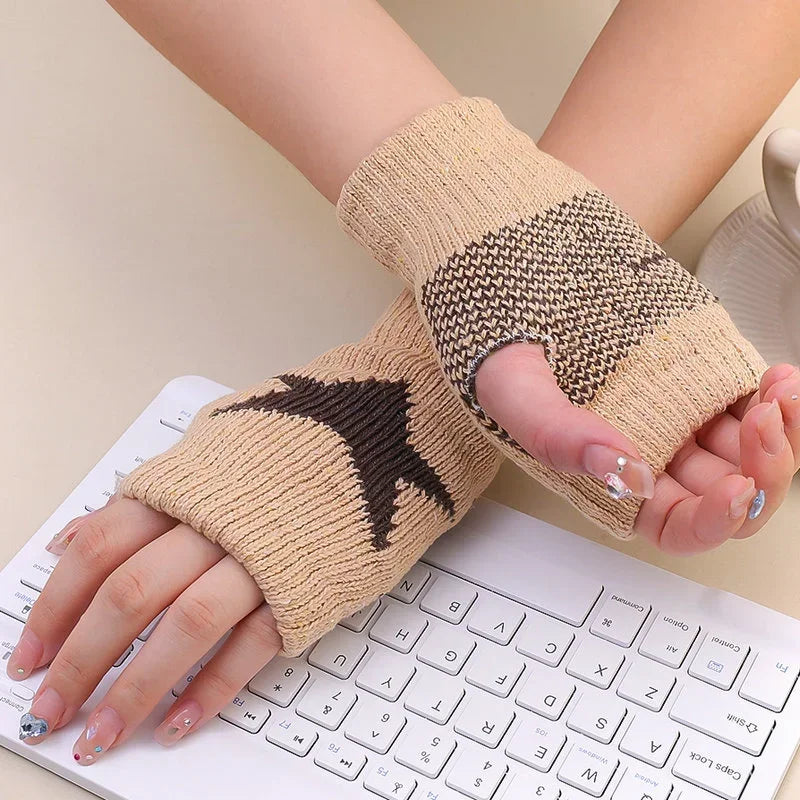Herbst/Winter Gestrickte Wollhandschuhe Ins Fashion Y2K Herren Damen Halbfinger Warme Fünfzackige Sterne Fingerlose Handschuhe Unisex