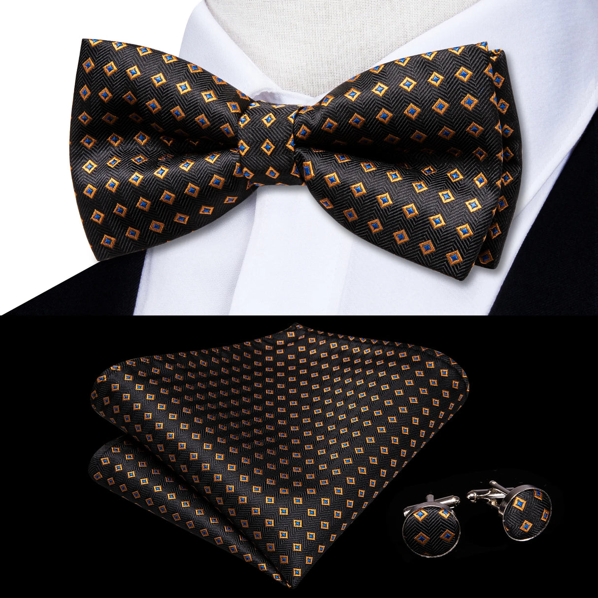 Hi-Tie Jacquard Silk Nœud papillon pour homme, ensemble de boutons de manchette et mouchoir, nœud papillon pré-noué, noir, blanc, gris, bleu, rouge, vert, rose, violet
