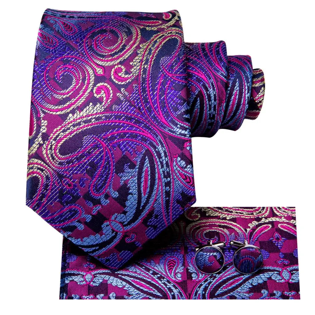 Hi-Tie – Cravate de mariage en soie violette unie à motif cachemire pour homme, ensemble de qualité avec boutons de manchette et mouchoir, cadeau tendance, livraison directe