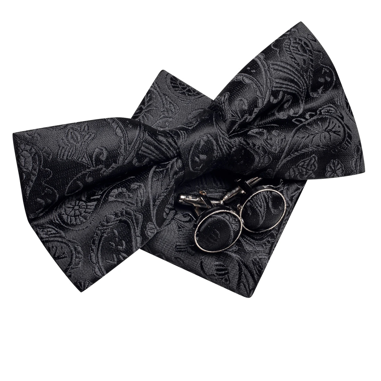 Hi-Tie Black White Silver Grey Brown Silk Mens Bow Tie Hankerchief Cufflinks Set Pre-tied Butterfly Knot Adjustable Bowtie Male