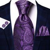 Hi-Tie – Cravate de mariage en soie violette unie à motif cachemire pour homme, ensemble de qualité avec boutons de manchette et mouchoir, cadeau tendance, livraison directe