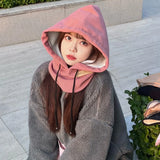 Winter Balaclava Hats For Men&Women Corduroy Hooded Caps Outdoor Warmer Drawstring Hats One-Piece Neck Collar Beanies Cap